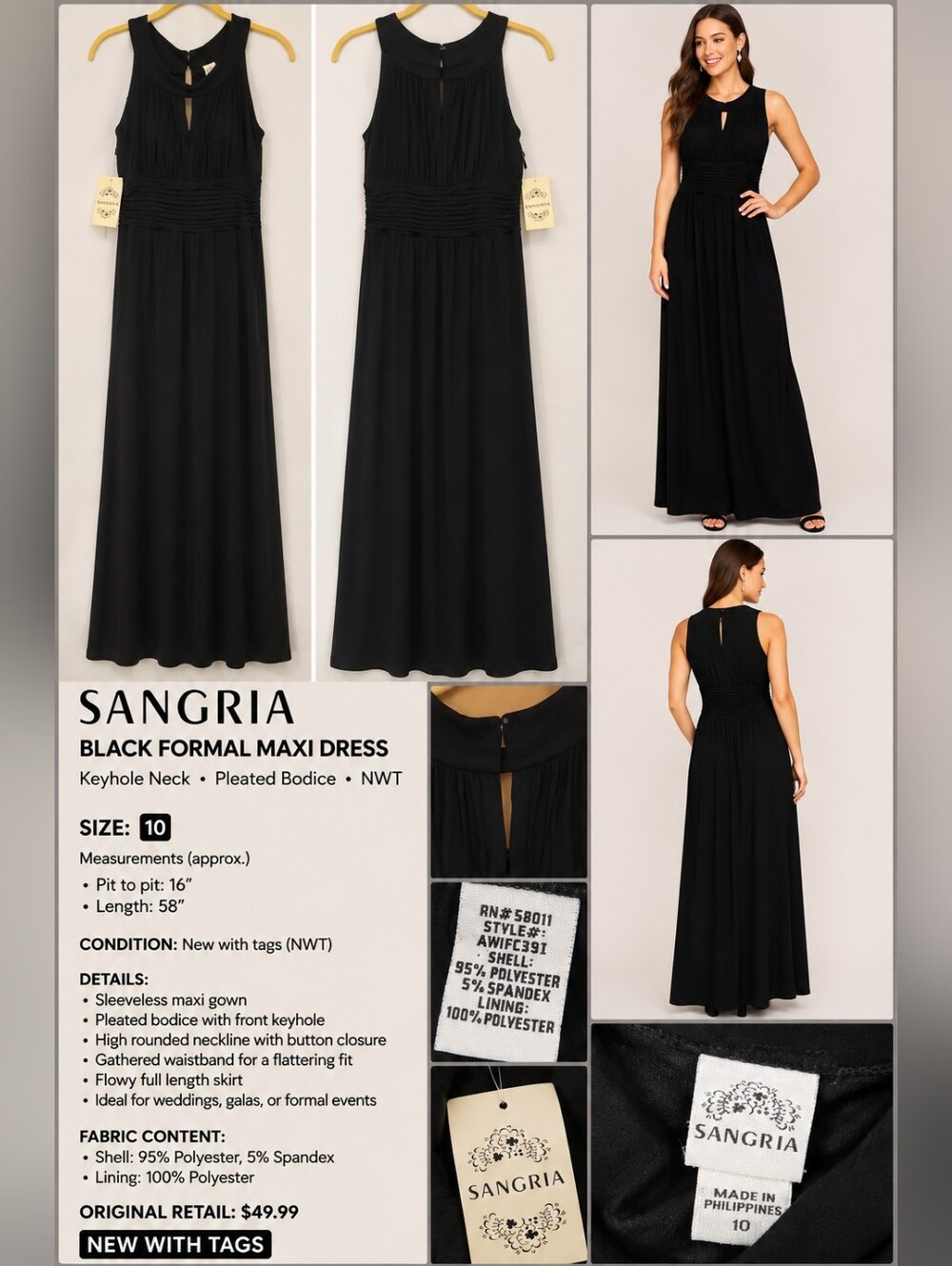 Sangria Black Formal Maxi Dress Keyhole Neck Pleated Gown NWT 10